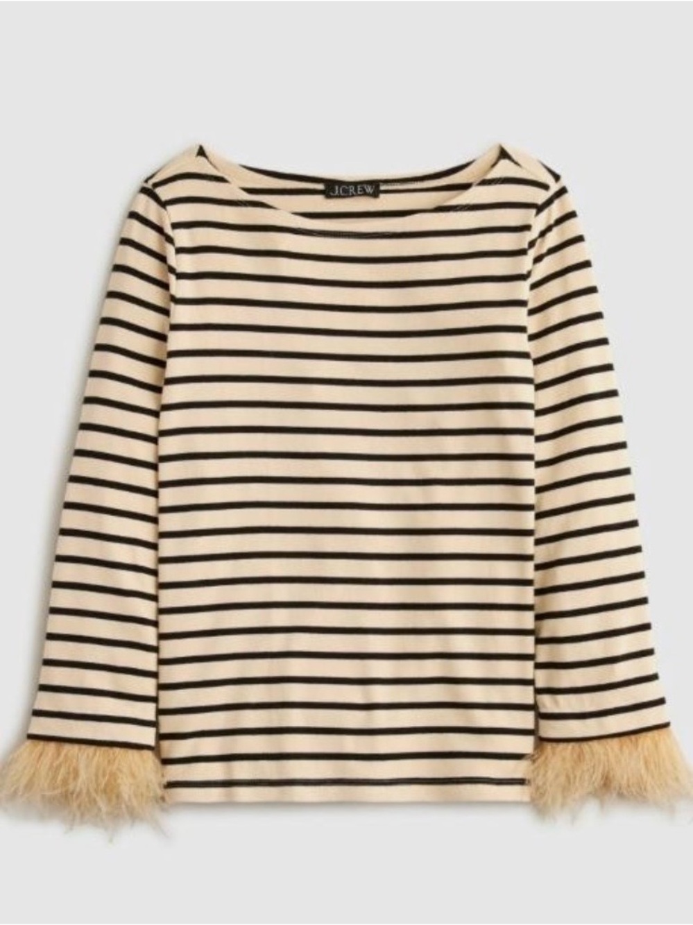 J. Crew Cream and Black Striped Long-Sleeve Top with Feather Trim Cuffs
